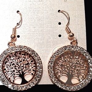 NWT Rose Gold Crystal Tree of Life Dangle Earrings Rhinestones accents NEW